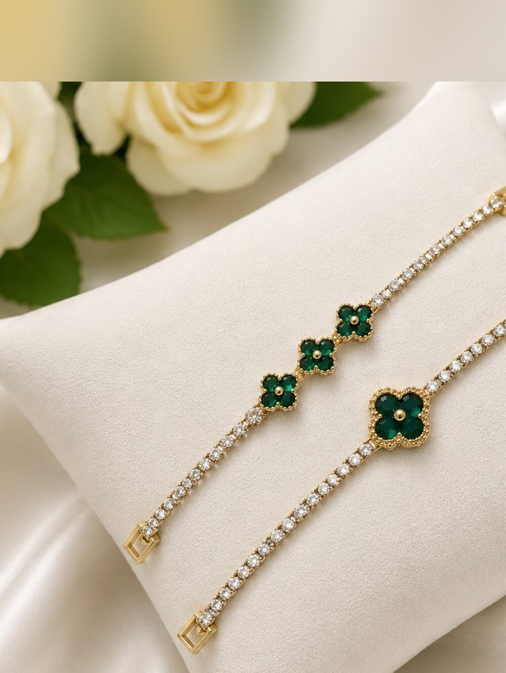 Emerald Green Clover Bracelet Set | 2 Bracelets | 8" | Gold Tone | New